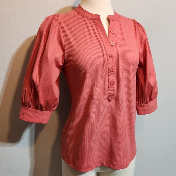 SOFT SURROUNDINGS SALMON PUFF SLEEVE RIBBED HENLEY TOP SZ S - Picture 2 of 12